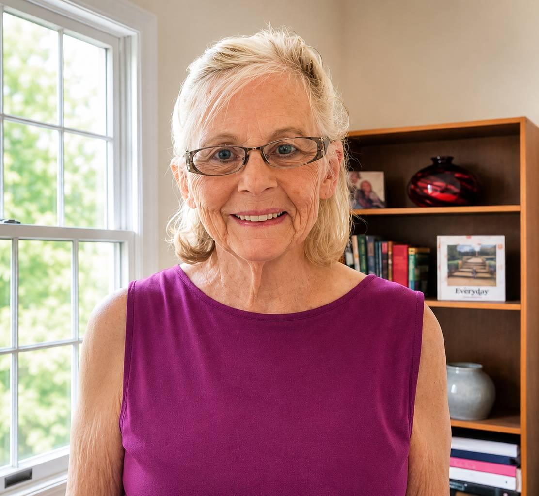 Smiling older woman in glasses and purple sleeveless top.