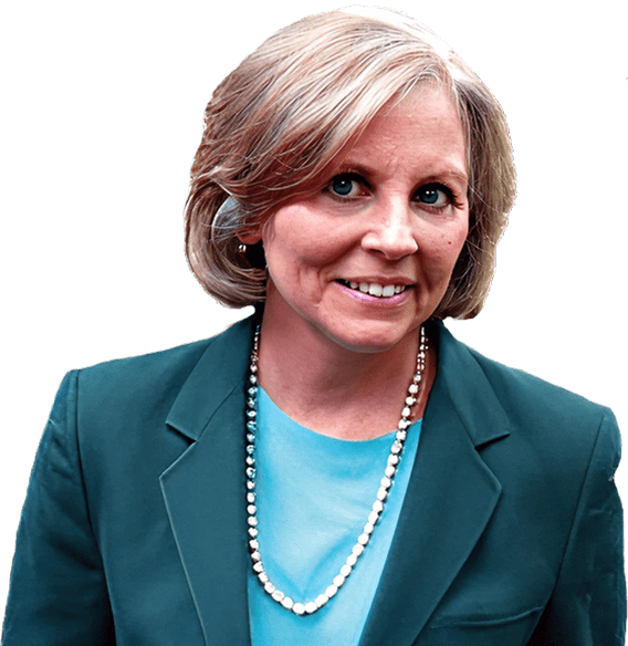 Smiling woman in professional attire and necklace.