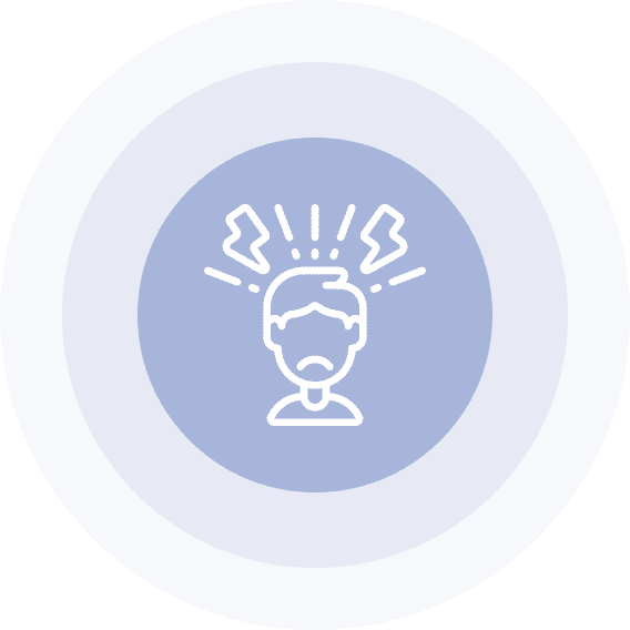 Person with headache and lightning bolts icon.